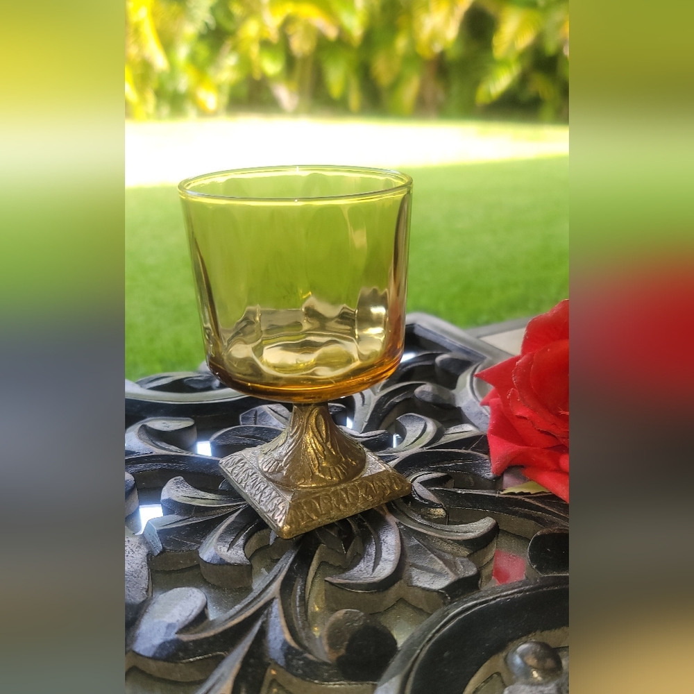Rare Vintage Amber Glass Goblet Wine Glass With Brass Base Rare Piece Boho Decor